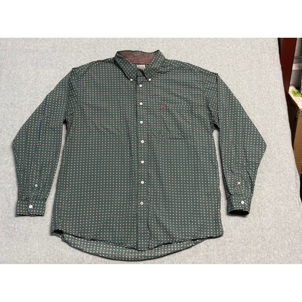 Cinch Mens XL Long Sleeve Button Down Western Shirt‎ Green Geometric Print Logo